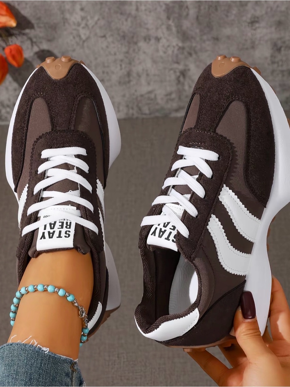 Women’s Dark Brown and White Retro Lace-Up Sneakers